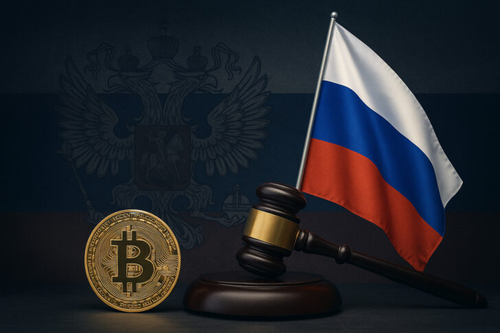 ロシア国旗、ビットコイン、裁判官の木槌を配置した仮想通貨規制を象徴する画像
