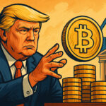仮想通貨投資を象徴するイラストと資金調達を示すビジュアルに囲まれたドナルド・トランプの描写
