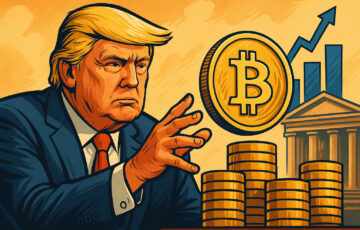 仮想通貨投資を象徴するイラストと資金調達を示すビジュアルに囲まれたドナルド・トランプの描写