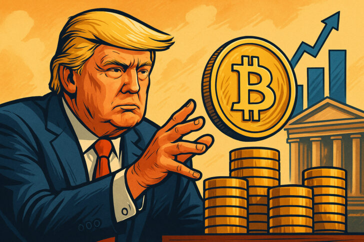仮想通貨投資を象徴するイラストと資金調達を示すビジュアルに囲まれたドナルド・トランプの描写