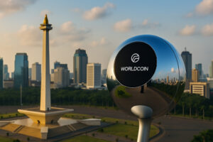インドネシアの都市風景を背景にしたWorldcoinのOrb端末のイメージ画像