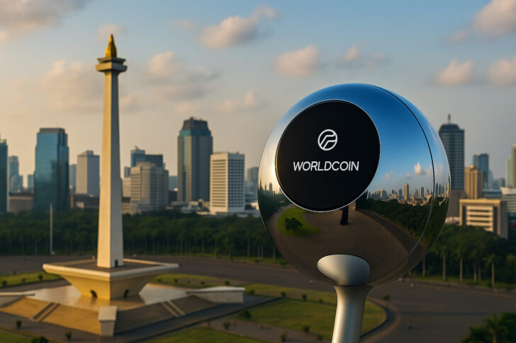 インドネシアの都市風景を背景にしたWorldcoinのOrb端末のイメージ画像