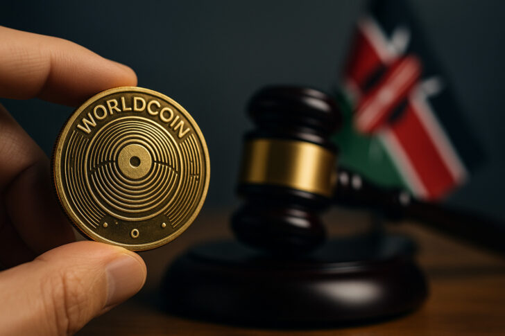 ケニア裁判所によるワールドコインの生体認証データ収集を違法とする判決に関連するサイバー風のビジュアル