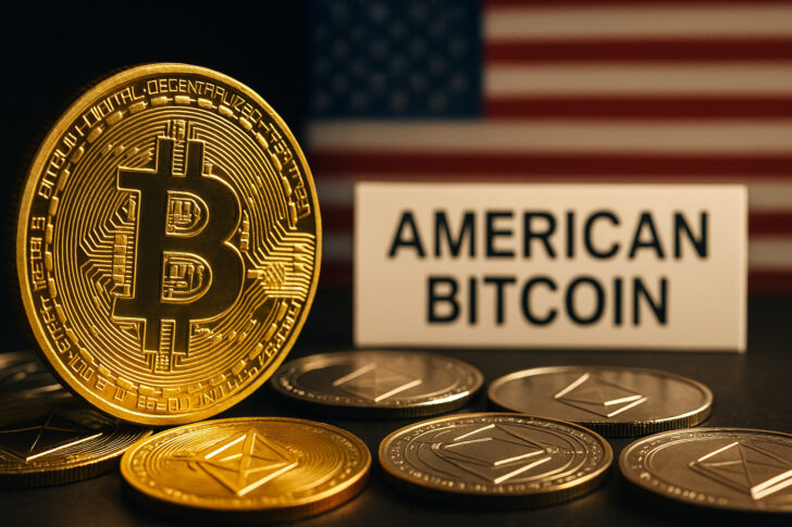 米国旗を背景に「AMERICAN BITCOIN」と書かれた札と金色のビットコインのコインが写る接写写真