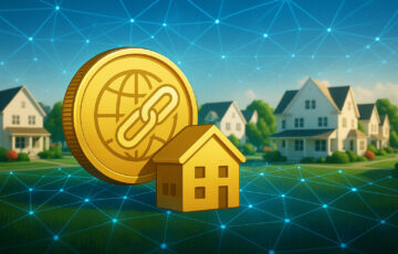 ブロックチェーンと郊外の住宅街を背景に、不動産トークン化を象徴するゴールドコインと家のアイコン