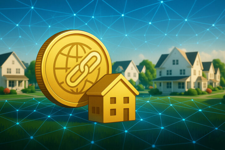 ブロックチェーンと郊外の住宅街を背景に、不動産トークン化を象徴するゴールドコインと家のアイコン