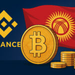 バイナンスとキルギスタンの国旗を背景にした仮想通貨提携の象徴的イラスト