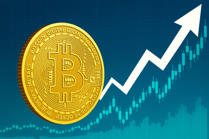 ビットコインが史上最高値を更新したことを象徴する視覚イメージ。仮想通貨市場の上昇を抽象的に表現。