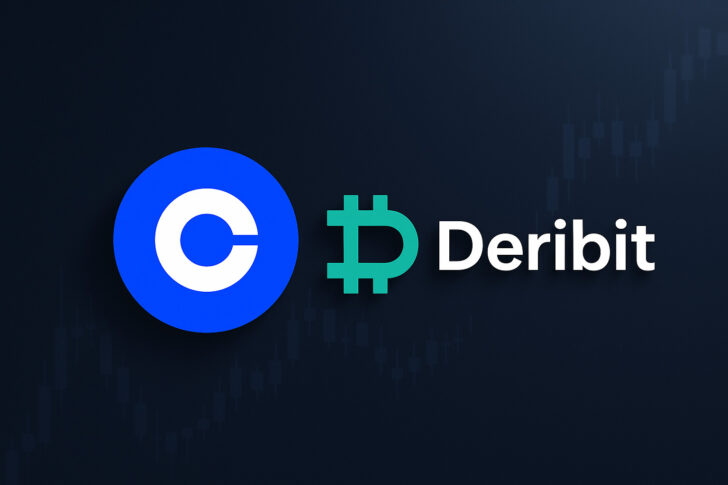 CoinbaseとDeribitのロゴが並ぶスタイリッシュなビジュアル