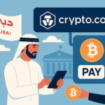 仮想通貨のデジタルコインとドバイ政府庁舎を組み合わせたイメージ。政府サービスにおける仮想通貨導入を象徴するビジュアル。