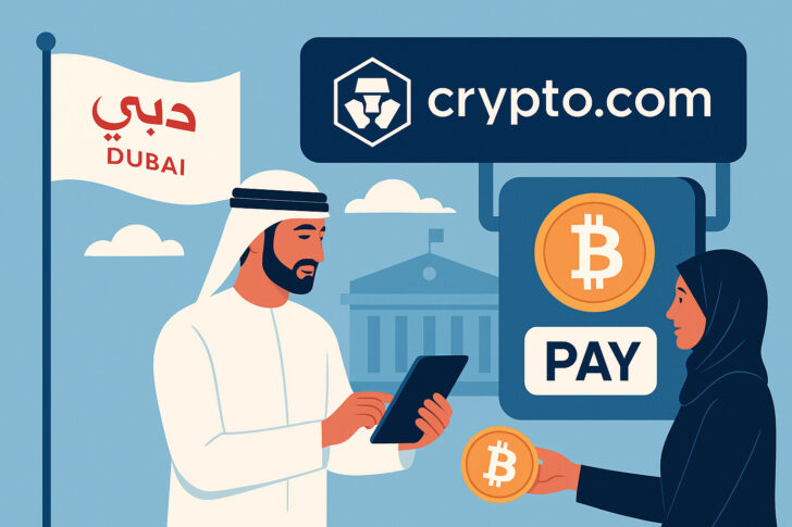仮想通貨のデジタルコインとドバイ政府庁舎を組み合わせたイメージ。政府サービスにおける仮想通貨導入を象徴するビジュアル。