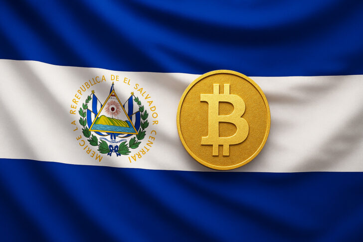 エルサルバドル国旗とビットコインの象徴を組み合わせた構図。国際通貨基金（IMF）との交渉を背景に、ビットコイン政策の転換が問われている様子を表現。