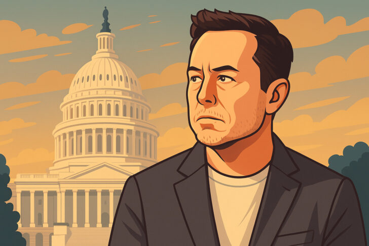 イーロン・マスク氏のDOGE離脱とトランプ政権との関係変化を象徴するイラスト