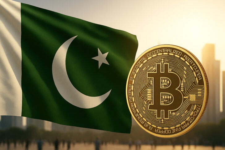 パキスタン国旗とビットコインを組み合わせた象徴的な構図。国家戦略としての仮想通貨導入を表現。