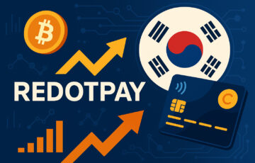 RedotPayの仮想通貨決済カードと韓国進出を象徴するビジュアル。韓国国旗、ビットコイン、カードなどが描かれている。