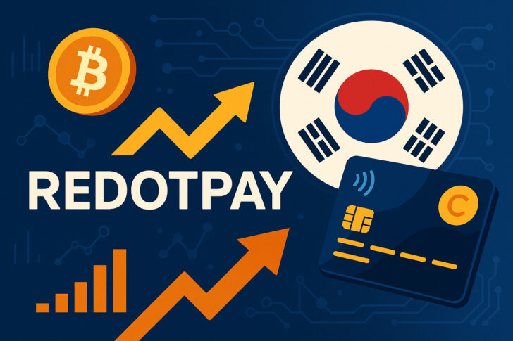 RedotPayの仮想通貨決済カードと韓国進出を象徴するビジュアル。韓国国旗、ビットコイン、カードなどが描かれている。