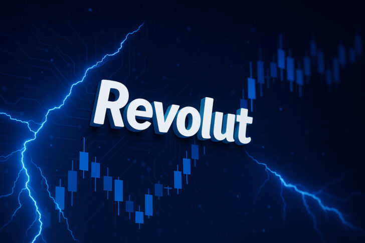 Revolutのロゴを中心に、ビットコイン決済とデジタルインフラの進化を象徴する未来的な背景