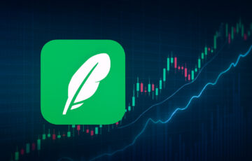 ロビンフッドを象徴する羽のマークと、仮想通貨を想起させる抽象的なチャートの背景