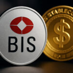 国際決済銀行（BIS）のロゴと金色のデジタルコイン、CBDCとステーブルコインの対比を示す構図の画像