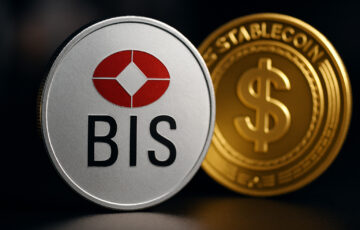 国際決済銀行（BIS）のロゴと金色のデジタルコイン、CBDCとステーブルコインの対比を示す構図の画像