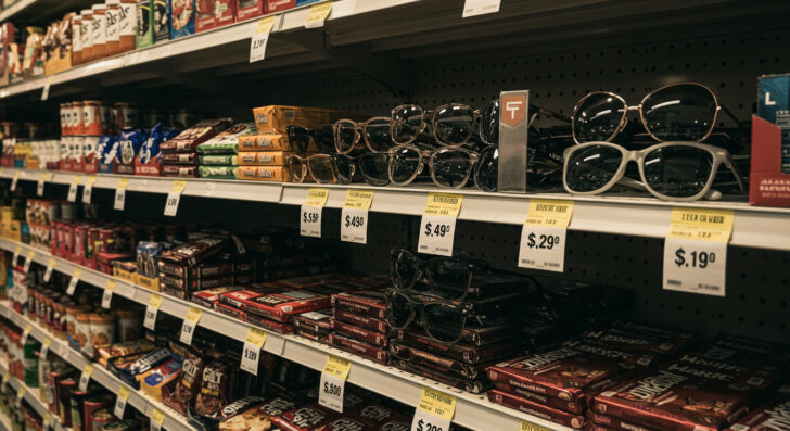 ボリビアの小売店で、USDT価格表示のチョコレートとサングラスが陳列されている棚の様子