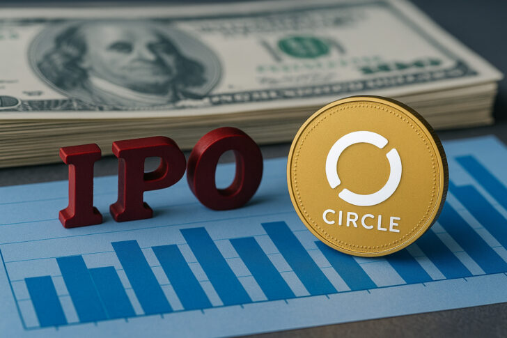 Circleのロゴと株式公開に関連するビジュアルが描かれたイメージ。IPOの規模拡大と投資家からの高い関心を表現。
