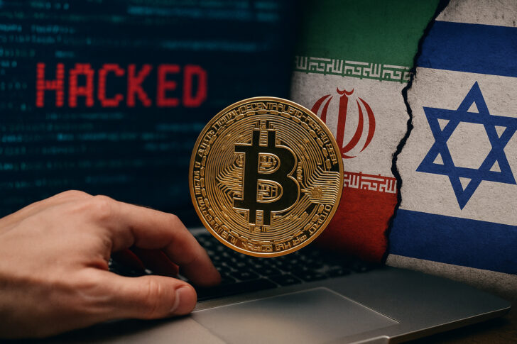 仮想通貨とイラン・イスラエルの国旗を背景にしたハッキング被害を示すリアルな構成イメージ