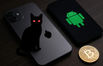 iPhoneとAndroid端末を狙う仮想通貨マルウェアのイメージ。黒猫のシルエットとビットコインが暗示的に配置されている