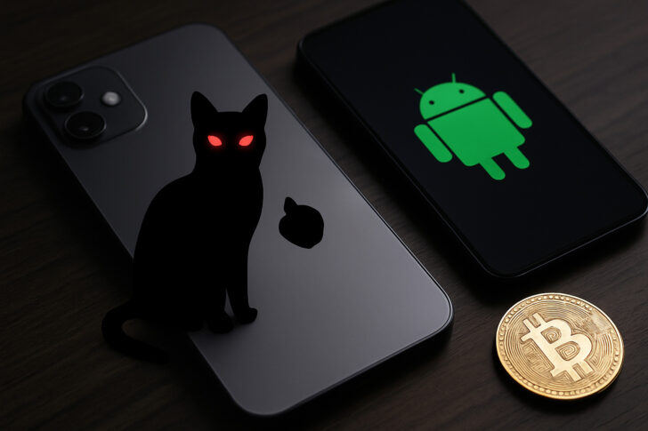 iPhoneとAndroid端末を狙う仮想通貨マルウェアのイメージ。黒猫のシルエットとビットコインが暗示的に配置されている