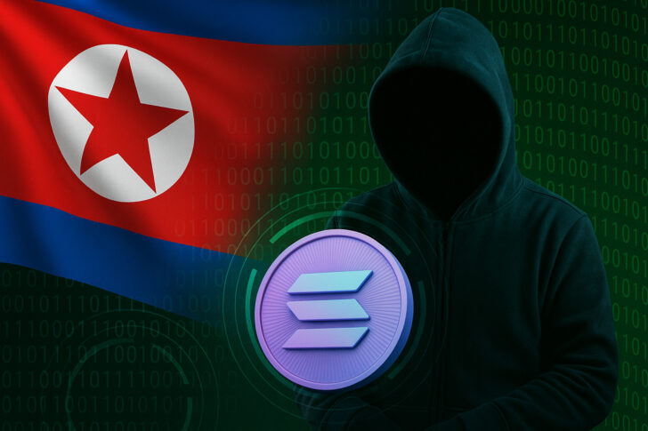 北朝鮮の国旗とフードを被ったハッカー、Solanaロゴと暗号コードの背景