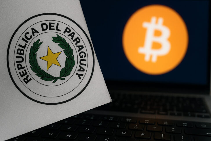 パラグアイの国章とビットコインが並ぶ、不正投稿と仮想通貨詐欺を象徴するイメージ