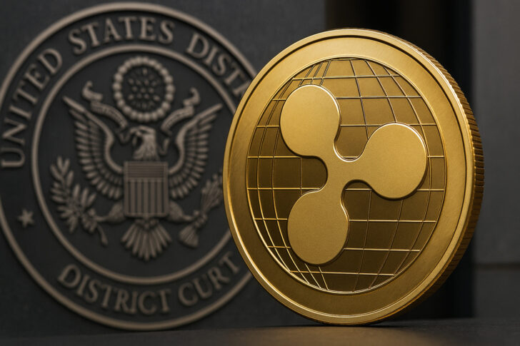 米国地方裁判所のエンブレムを背景にしたリップル（XRP）の金色コイン
