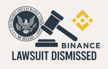 米証券取引委員会（SEC）とバイナンスのロゴ、法廷の木槌を描いた構図。訴訟の取り下げを象徴するビジュアル。