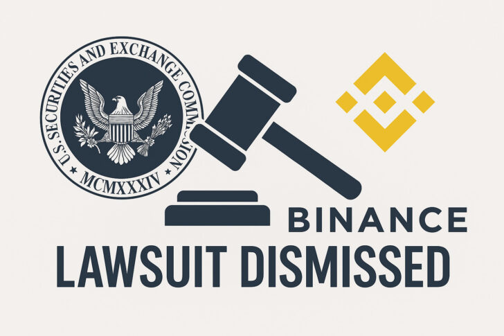 米証券取引委員会（SEC）とバイナンスのロゴ、法廷の木槌を描いた構図。訴訟の取り下げを象徴するビジュアル。