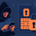 SIMスワップ詐欺とハッキングを象徴するイラスト。スマートフォンと警告サインが暗号資産の盗難リスクを表現している。