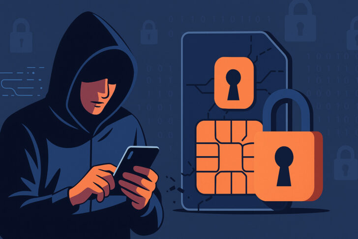 SIMスワップ詐欺とハッキングを象徴するイラスト。スマートフォンと警告サインが暗号資産の盗難リスクを表現している。