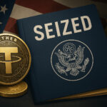 Tetherとアメリカ司法省による仮想通貨の押収を象徴するイメージ。FBIのバッジや「SEIZED」の文言が描かれている。