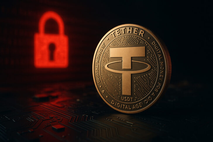 テザーによるUSDT凍結の象徴的なビジュアル。ブロックチェーンと監視のイメージを組み合わせた画像。