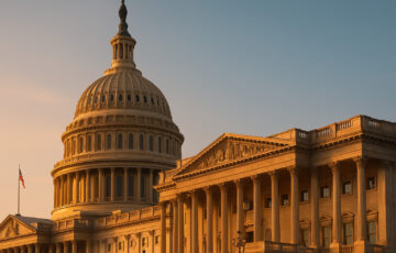 米国議会議事堂の夕景、Genius法案可決を象徴する構図