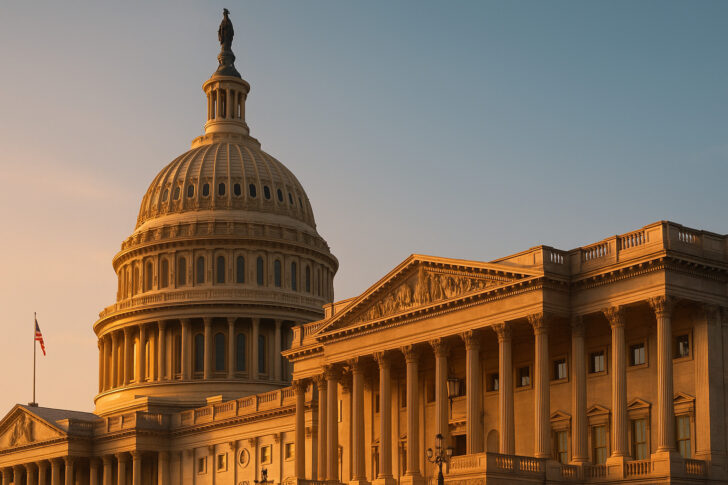 米国議会議事堂の夕景、Genius法案可決を象徴する構図