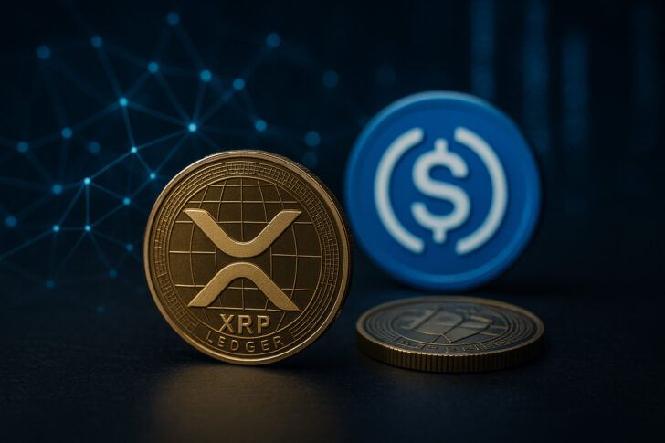 USDCとXRPのコインを象徴するリアルなアイキャッチ画像