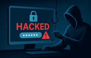 ハッカーがパスワード入力画面に偽装したフィッシング攻撃を仕掛ける様子のイラスト