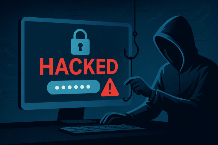 ハッカーがパスワード入力画面に偽装したフィッシング攻撃を仕掛ける様子のイラスト