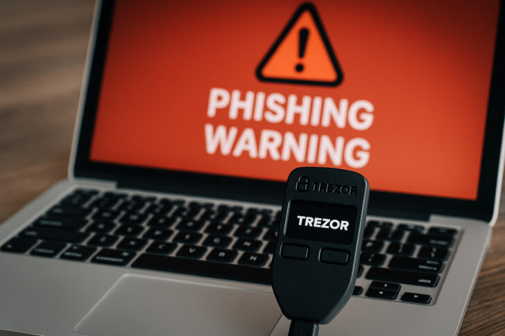 Trezorウォレットとフィッシング警告が表示されたノートパソコン