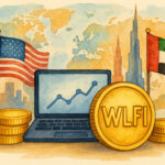 WLFIとUAEを象徴する旗とコイン、ブロックチェーン投資を描いたイラスト