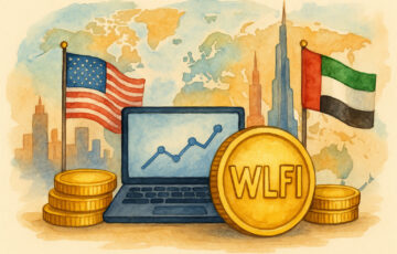 WLFIとUAEを象徴する旗とコイン、ブロックチェーン投資を描いたイラスト