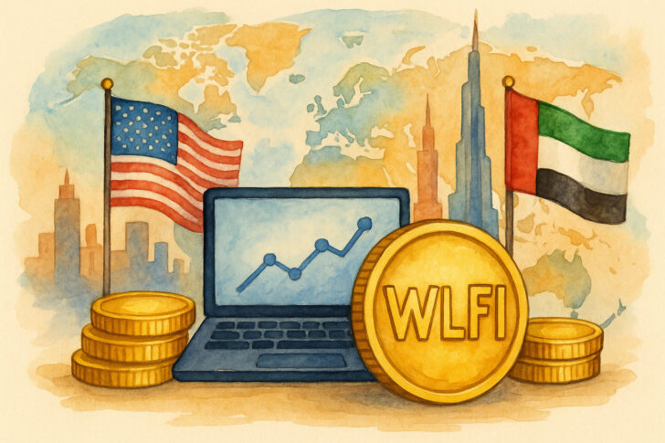 WLFIとUAEを象徴する旗とコイン、ブロックチェーン投資を描いたイラスト