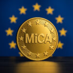 ヨーロッパ連合を象徴する星と暗号通貨のモチーフが融合した、MiCAライセンス取得を示すスタイリッシュなビジュアル