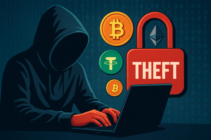 ブラジル中央銀行のハッキング事件を象徴する、仮想通貨のアイコンと赤い南京錠、ノートパソコン、フードを被った人物が描かれたサイバー攻撃のイラスト