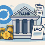サークル社が米国信託銀行ライセンスを申請する様子を象徴するイラスト。銀行、IPO書類、USDCに関連する要素が描かれている。